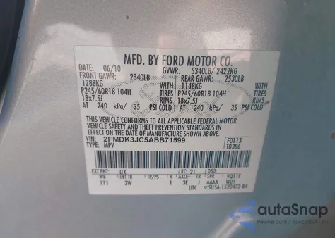 2010 Ford Edge Sel z USA, uszkodzony, nr VIN 2FMDK3JC5ABB71599